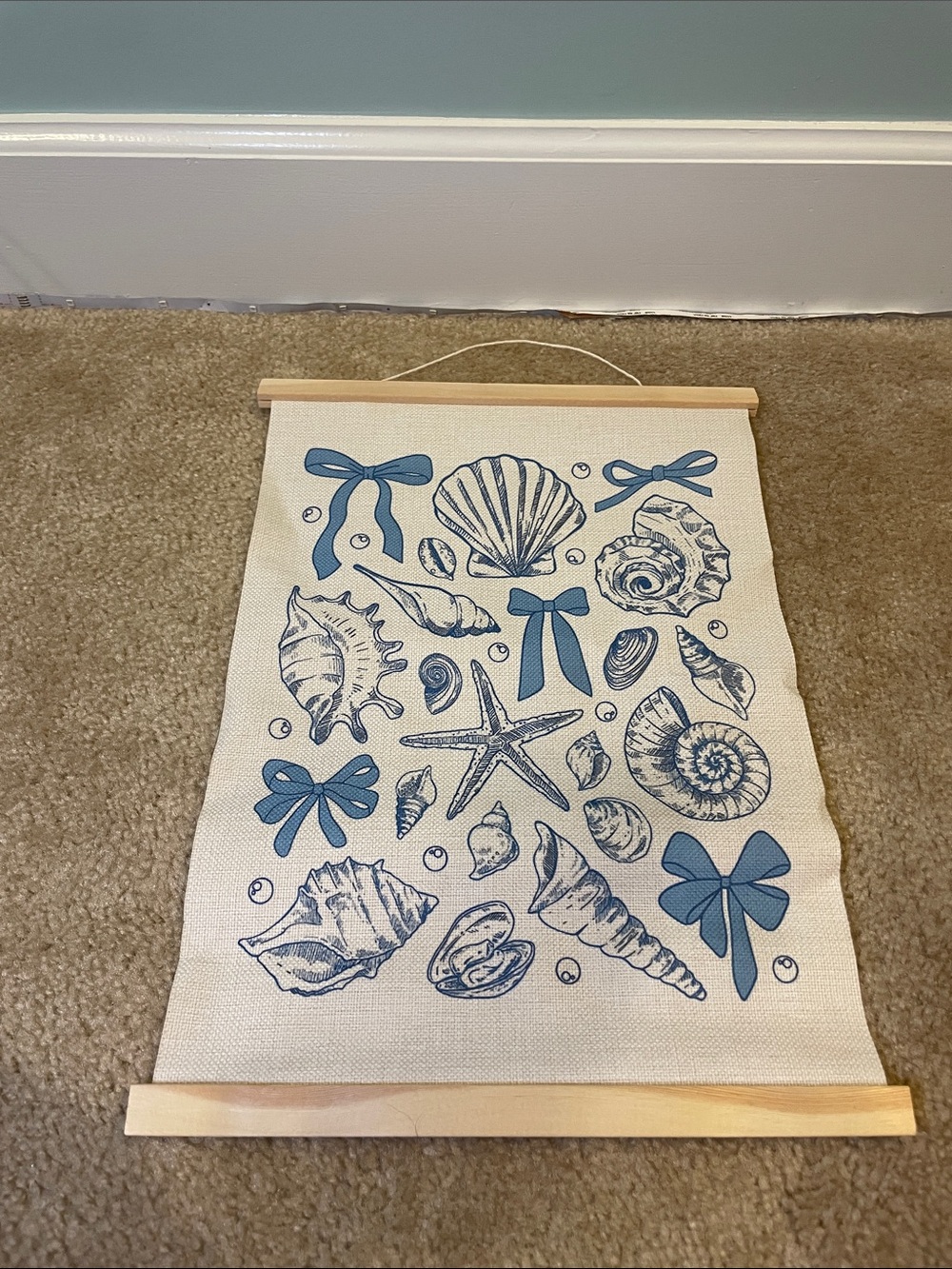 Amazon Blue Seashell and Bow Canvas Tapestry
